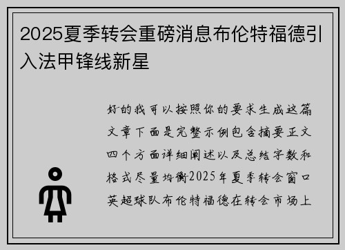 2025夏季转会重磅消息布伦特福德引入法甲锋线新星