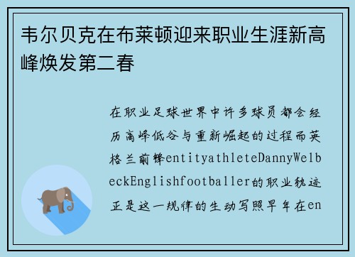 韦尔贝克在布莱顿迎来职业生涯新高峰焕发第二春